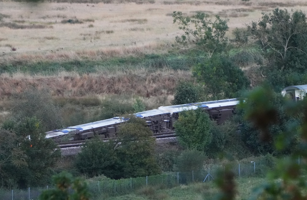 The scene where two people have been seriously injured after a train with around 150 people on board derailed near Lewes railway station (Jonathan Brady/PA) (PA Wire)