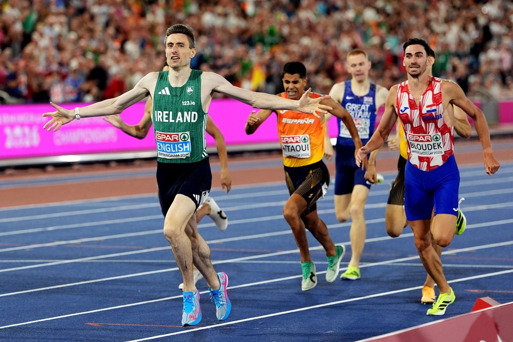 Mark English celebrates winning the men’s 800m final (Martin Rickett/PA) (PA Wire)