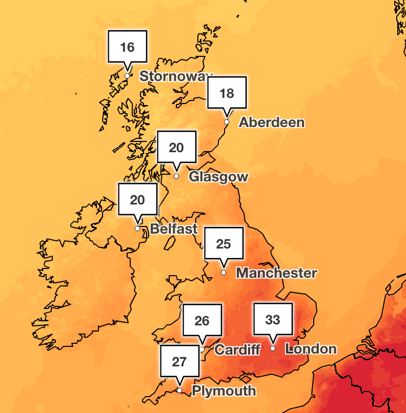 Temperatures will remain above 30C in the south east of England on Friday (Met Office)
