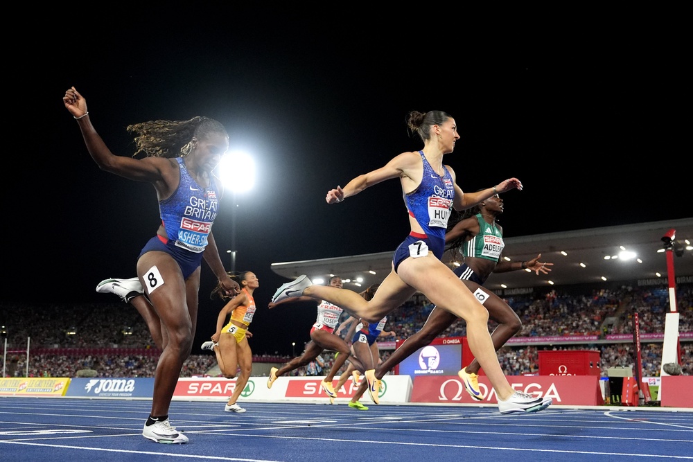 Amy Hunt crosses the line in first place ahead of Ireland’s Rhasidat Adeleke, right, in second and Dina Asher-Smith in third (Martin Rickett/PA) (PA Wire)