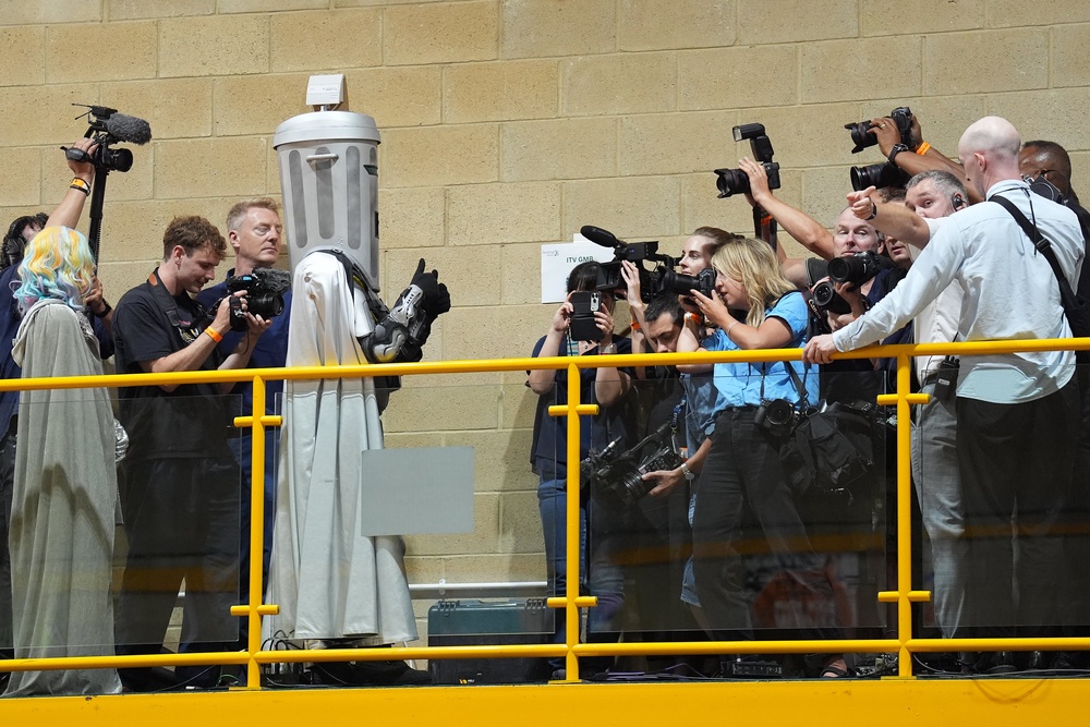Count Binface, who finished second in the poll, poses for the media at Clacton Leisure Centre in Essex (Joe Giddens/PA) (PA Wire)