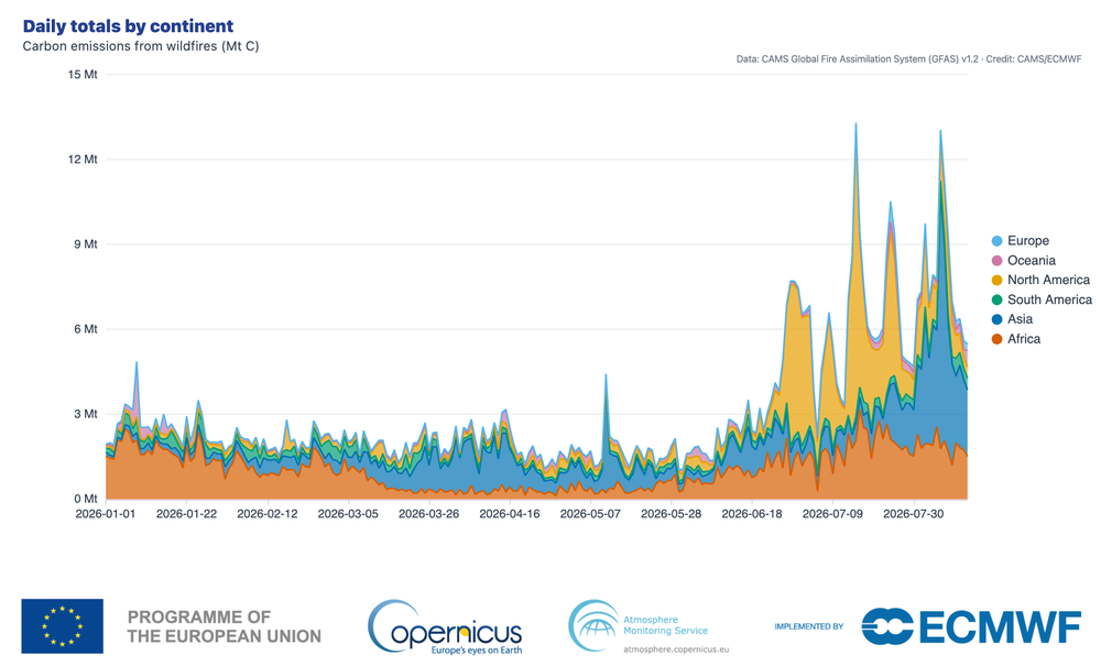 Total carbon emissions have been record-breaking despite a decreasing area of land burned (Copernicus)