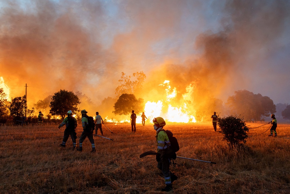 Residents and firefighters work to extinguish an advancing wildfire near Formariz in Zamora province, Spain (Reuters)