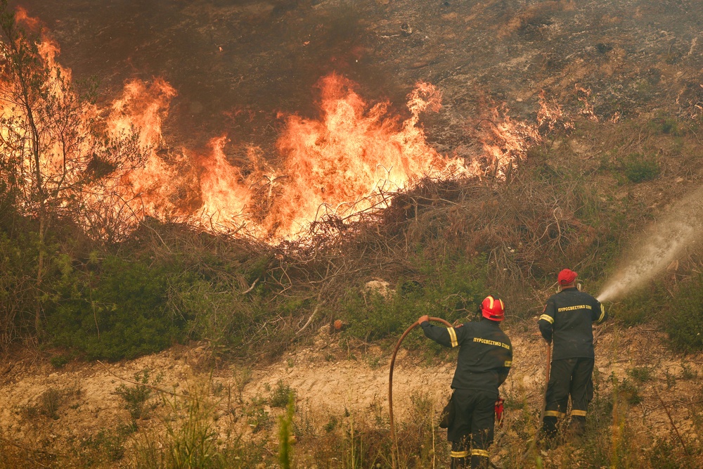 Firemen work to extinguish a wildfire near the village of Siviri, northern Greece (AFP/Getty)