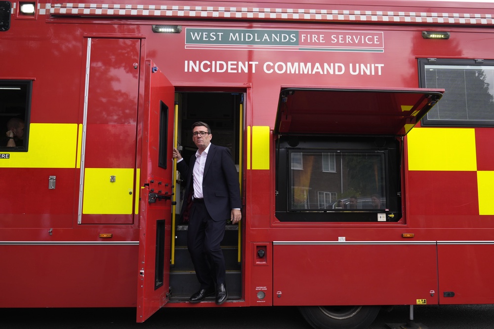 Prime Minister Andy Burnham leaves the West Midlands Fire Service incident command unit during a visit to Stourbridge (Peter Byrne/PA) (PA Wire)