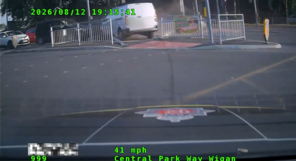 The suspect was arrested at the scene of the crash which ended the pursuit on suspicion of theft of a motor vehicle, dangerous driving, failure to stop, driving under the influence of a controlled substance and possession of Class A and C drugs. (Greater Manchester Police)