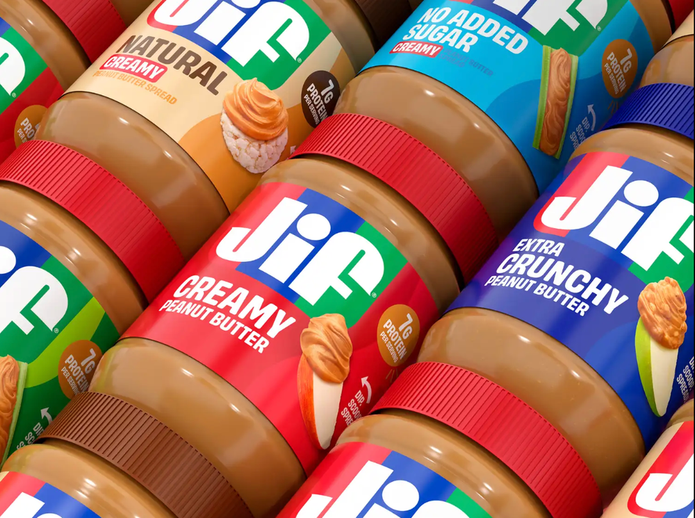 Jif’s new packaging modernizes the brand’s red, blue, and green striped logo, featuring brighter colors and clearer lettering (Jif)