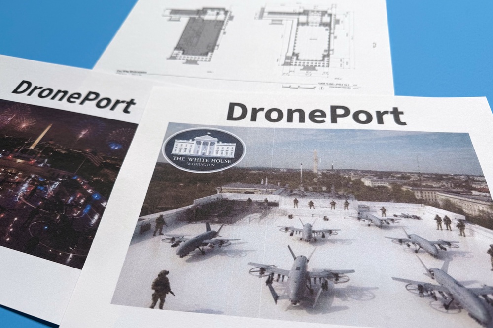 A rendering of the ‘DronePort’ that President Donald Trump wants to build on the roof of his future ballroom at the White House (AP)