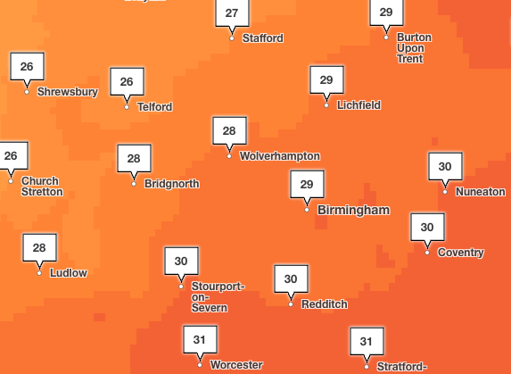 Met Office temperature map shows forecast for another hot day in the West Midlands (Met Office)