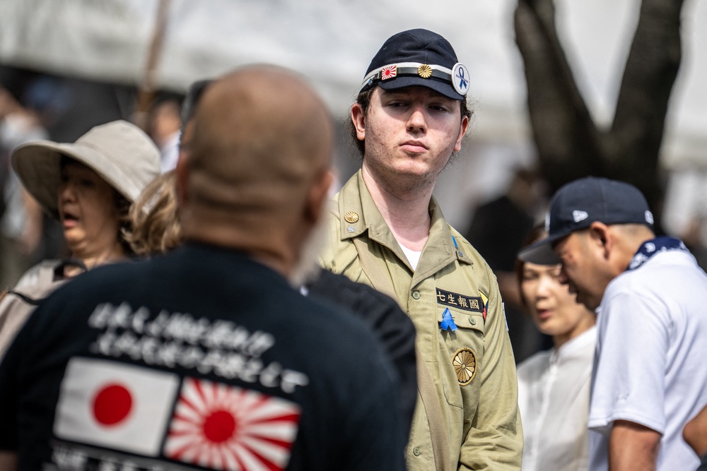 A man cosplays in military uniform while visiting the Yasukuni Shrine in Tokyo on August 15, 2026, on the 81st anniversary of Japan's surrender in World War II (AFP via Getty Images)