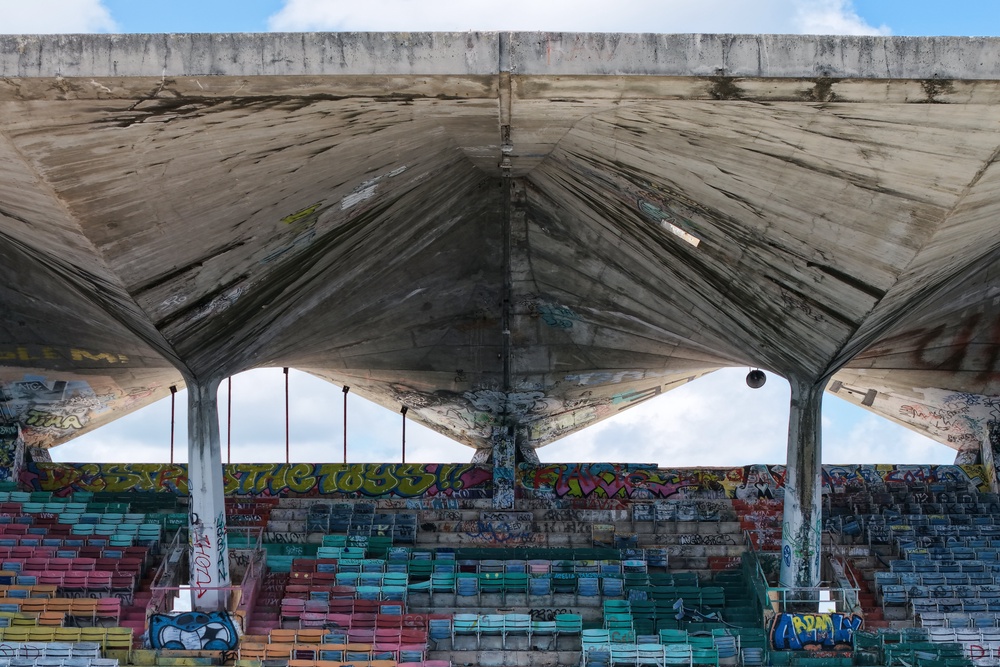 The 6,500-seat venue has fallen into disarray and is fenced off and covered in graffiti despite being listed on the U.S. National Register of Historic Place (AP Photo/Daniel Kozin)