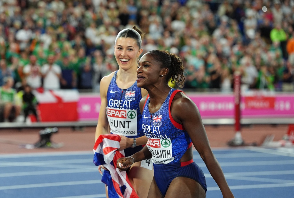 Dina Asher-Smith (right) celebrates her 11th European Championship medal (Martin Rickett/PA) (PA Wire)