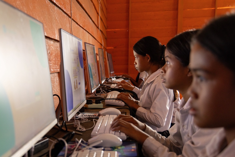Students attend a computer class at a school in one of the floating villages of Cambodia's Tonle Sap Lake on Monday, June 29, 2026 (Copyright 2026 The Associated Press. All rights reserved.)
