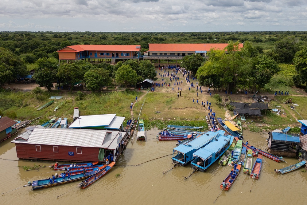 Students arrive at a school in a floating village on the Tonle Sap Lake, Cambodia (Copyright 2026 The Associated Press. All rights reserved.)