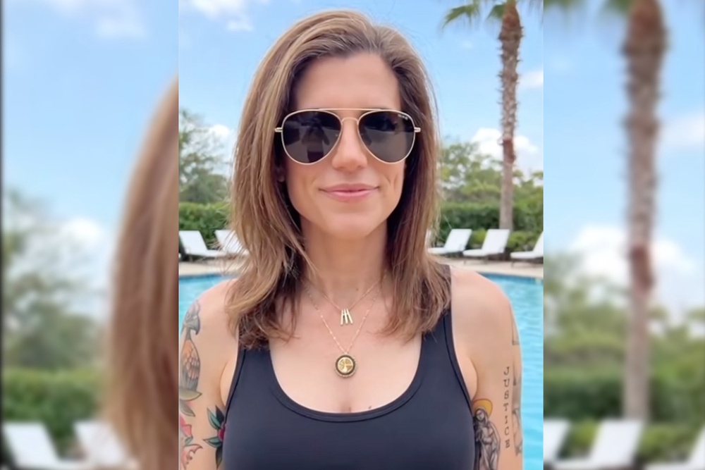 Mace appears to have a tattoo of a large bird, with another design reading ‘Justice’ (YouTube/Nancy Mace)