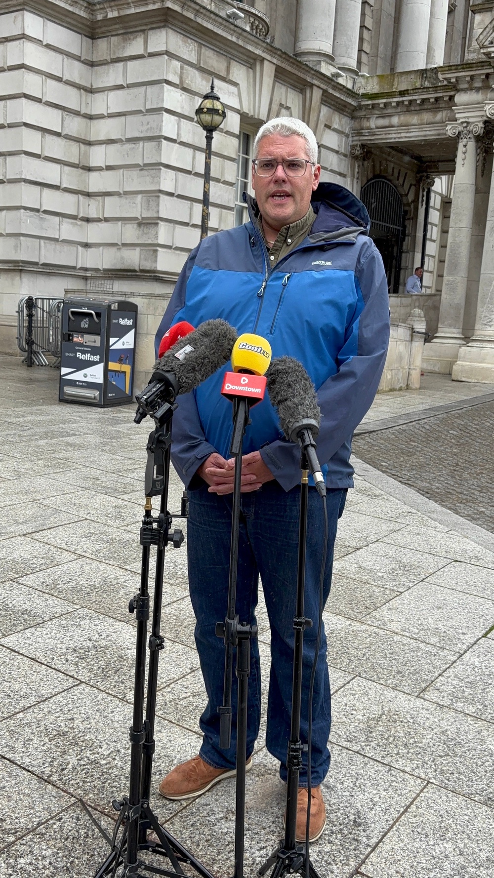 DUP leader Gavin Robinson speaks to media at Belfast City Hall on Monday afternoon, after it emerged that Strangford MP Jim Shannon is set to face criminal proceedings over the alleged assault of a woman. (Rebecca Black/PA)