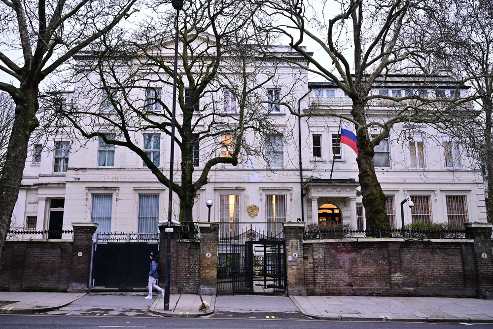 The Russian flag hangs outside the Russian Embassy in London (AFP/Getty)