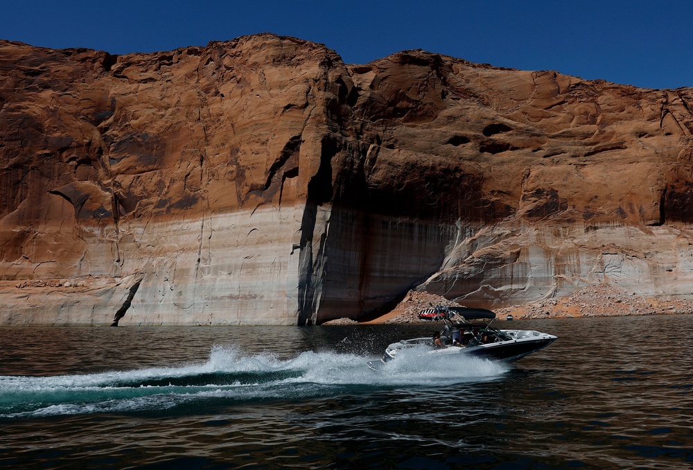 The Lake Powell reservoir is seen at record low levels in Page, Arizona, earlier this month. Drought in the state has paradoxically fueled more West Nile cases (Getty)