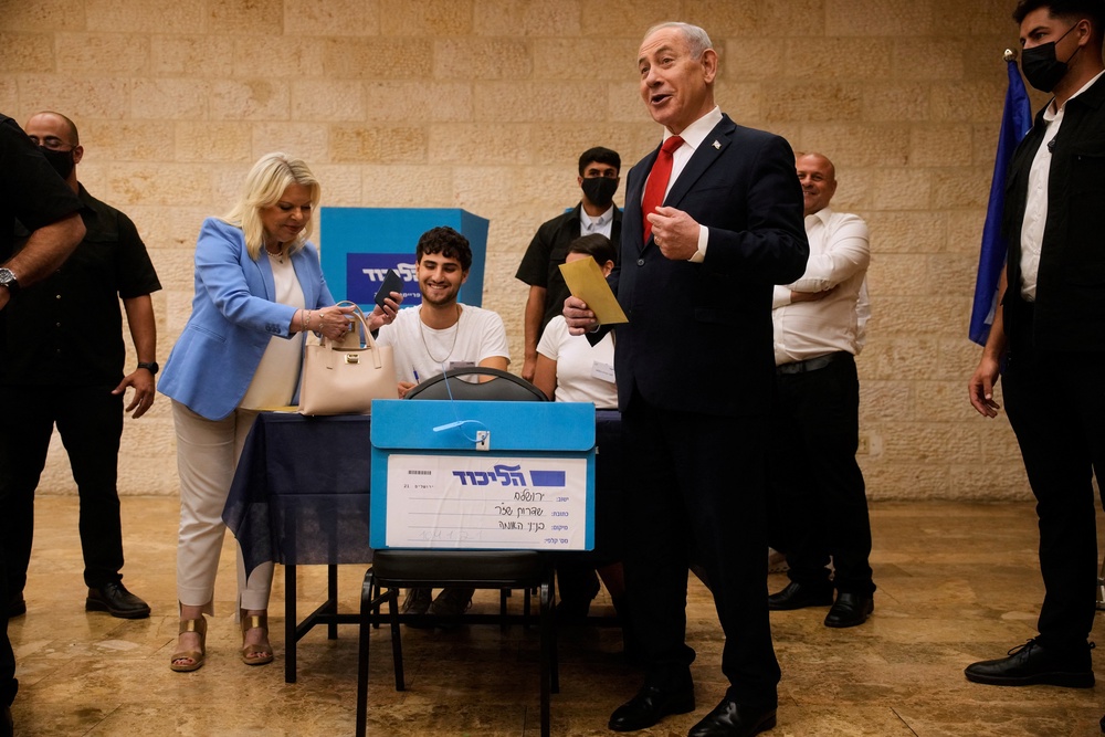 Israeli Prime Minister Benjamin Netanyahu and his wife Sara Netanyahu vote in Likud party primary elections ahead of Israel’s general election in October, in Jerusalem, Monday, August. 17, 2026. (Reuters)