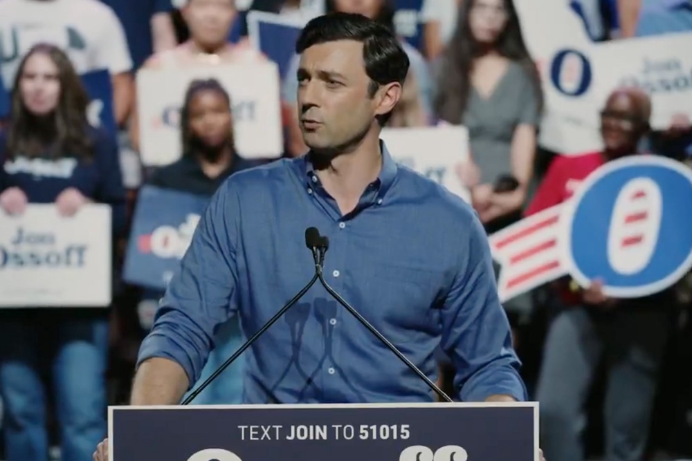 ‘He wants to build his ballroom and travel with Natalie on their apparently defenseless flying palace gifted by the Emir of Qatar,’ Ossoff said of Trump during a rally in Georgia over the weekend (X/@ossoff)