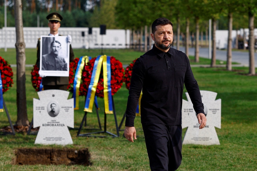 The Ukrainian leader at the National Military Memorial Cemetery outside of Kyiv (Reuters)