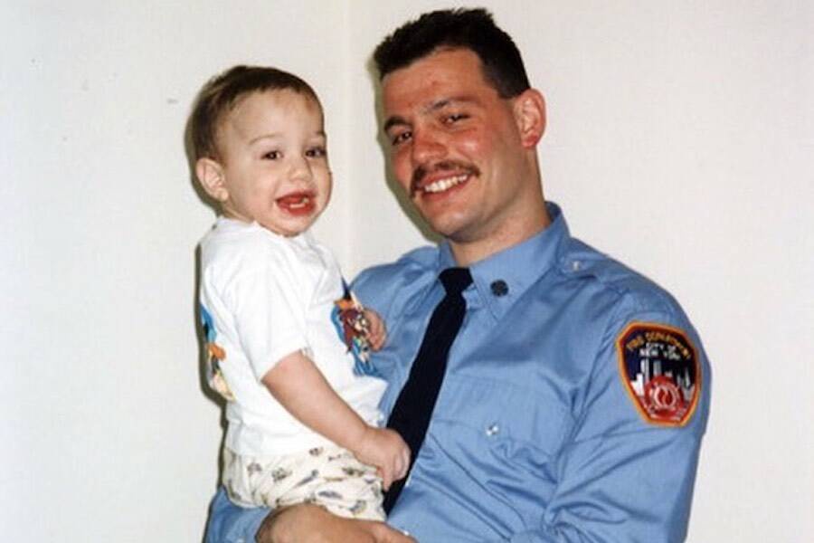 Pete and Scott Davidson, pictured in March 1995, a year after Scott joined the New York City Fire Department (Pete Davidson/Instagram)