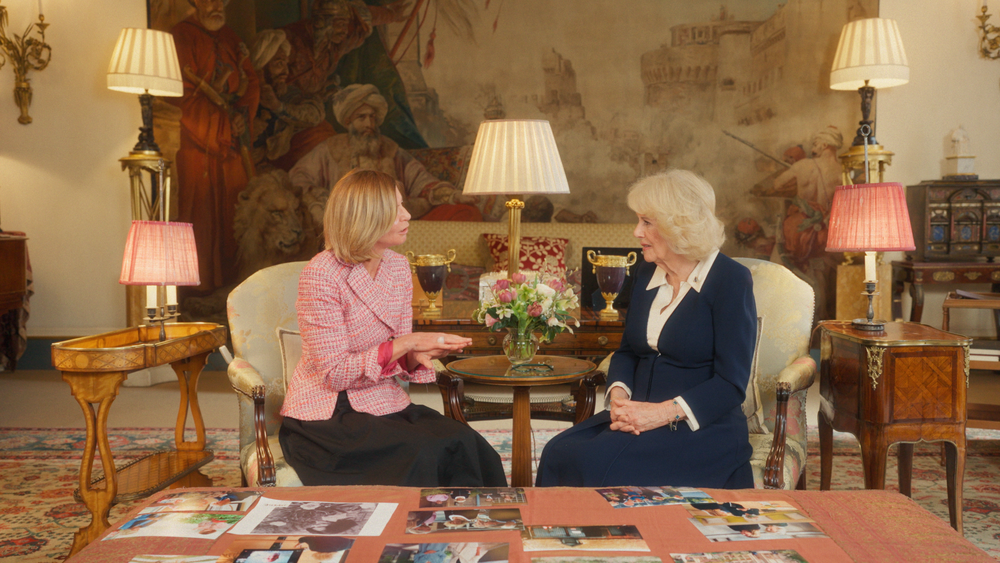 Camilla in conversation with Dame Laura Lee, chief executive of Maggie’s cancer charity (Royal Household/Maggie’s/PA)