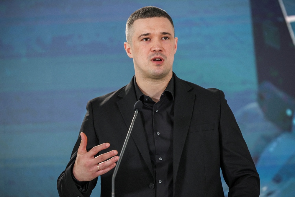 Ukraine’s minister of defence Mykhailo Fedorov speaks at a joint press conference with his Swedish counterpart Pal Jonson (not pictured), in Kyiv, 1 July 2026 (Reuters)