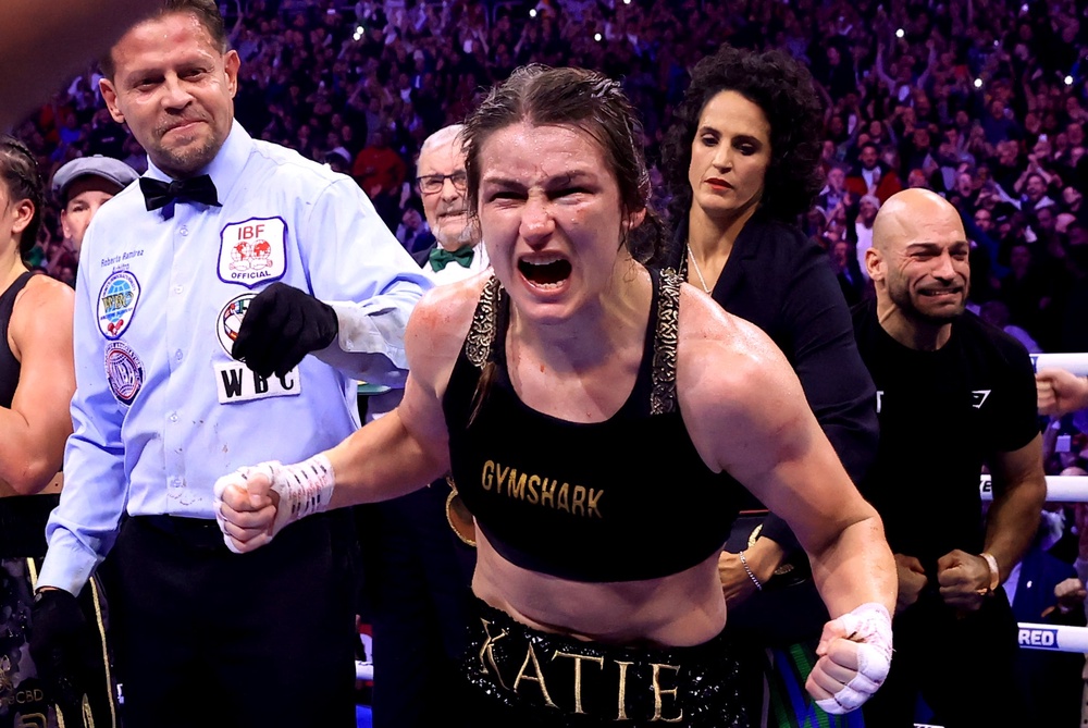 Katie Taylor celebrates after winning her title fight against Chantelle Cameron in Dublin in November 2023 (Liam McBurney/PA) (PA Archive)