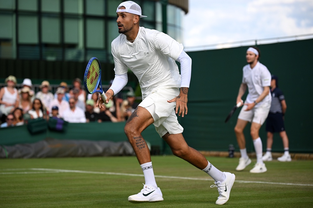 Kyrgios last featured on court at Wimbledon, playing doubles with Alexander Bublik (Getty)