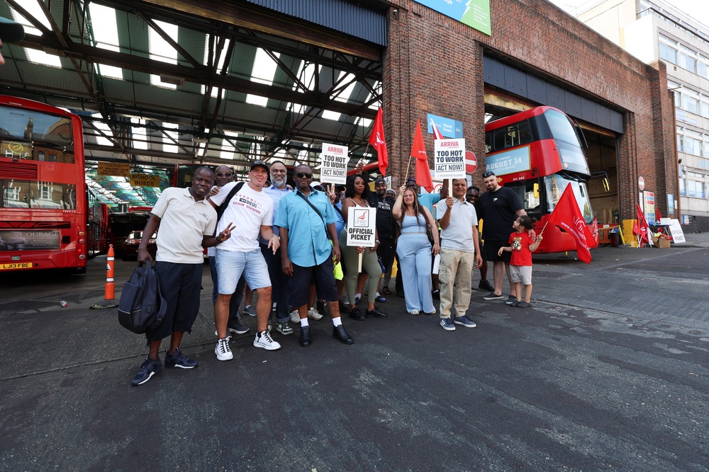 Arriva North London bus drivers and staff members protest over hot working conditions outside Wood Green Bus Garage (Reuters)