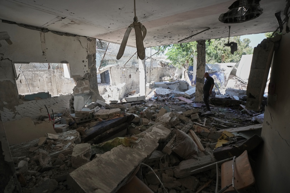 A police station that was hit by an Israeli airstrike in Gaza City on Wednesday (AP)