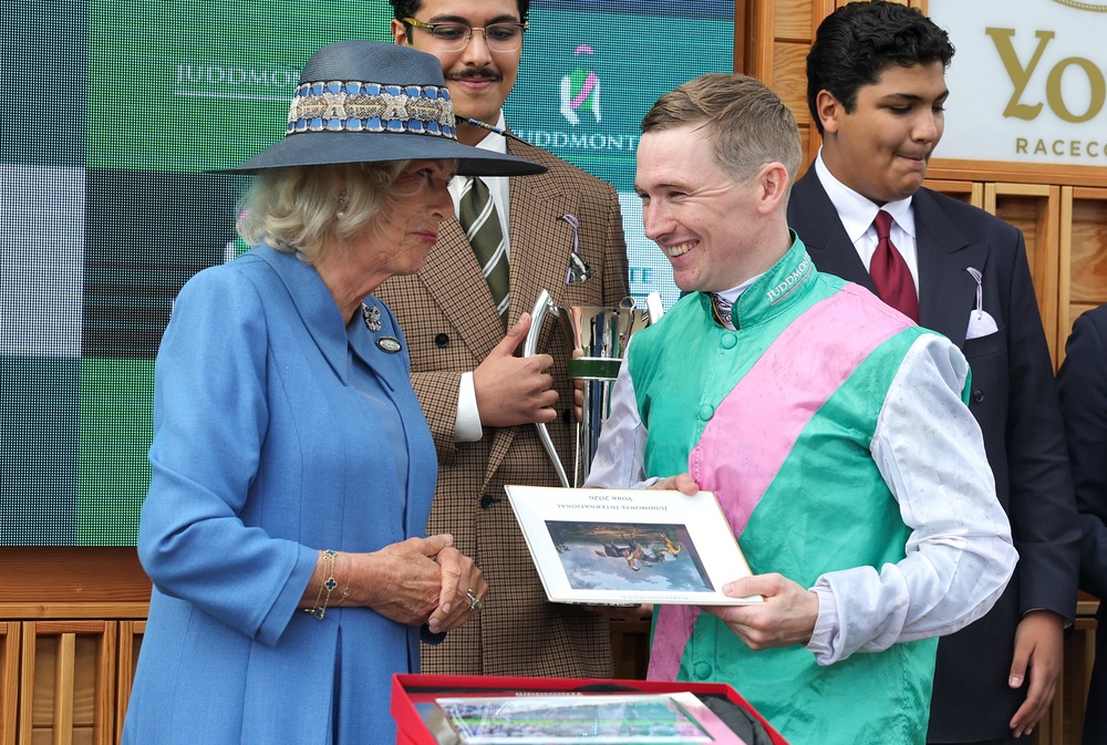 Camilla speaks to jockey Colin Keane, winner of the Juddmonte International Stakes (Chris Jackson/PA) (PA Wire)
