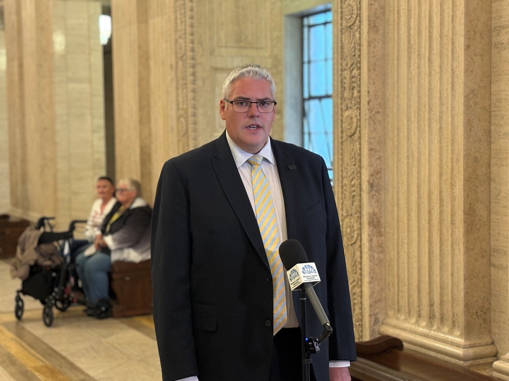 DUP leader Gavin Robinson speaks to the media in the Great Hall of Parliament Buildings (David Young/PA) (PA Wire)