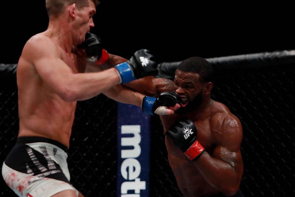Tyron Woodley (right) during his reign as UFC welterweight champion (Getty)