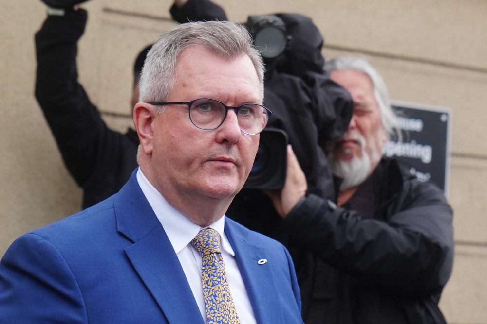 Jeffrey Donaldson leaving Newry Crown Court (Brian Lawless/PA) (PA Wire)