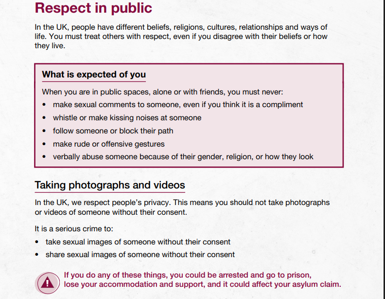 Migrants are warned against following people and making rude gestures (Home Office / gov.uk)