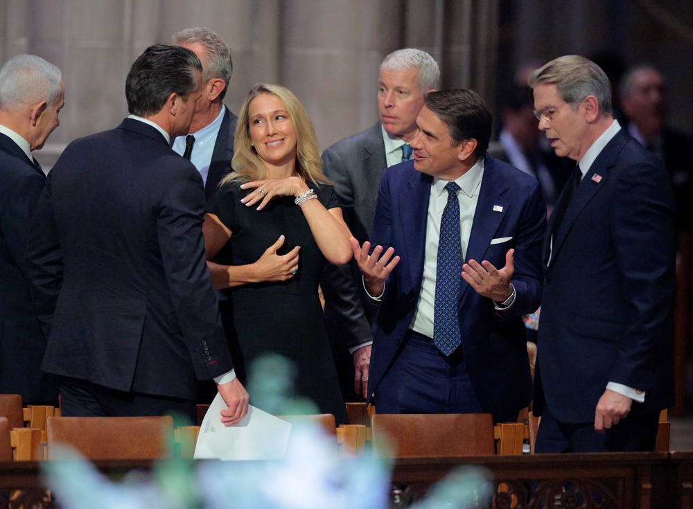 Jennifer Hegseth has helped ready her husband for appearances, conducted interviews with prospective staffers and attended high-level meetings, according to the Times. Pictured: she and her husband attend the funeral of Lindsey Graham in July (Getty Images)