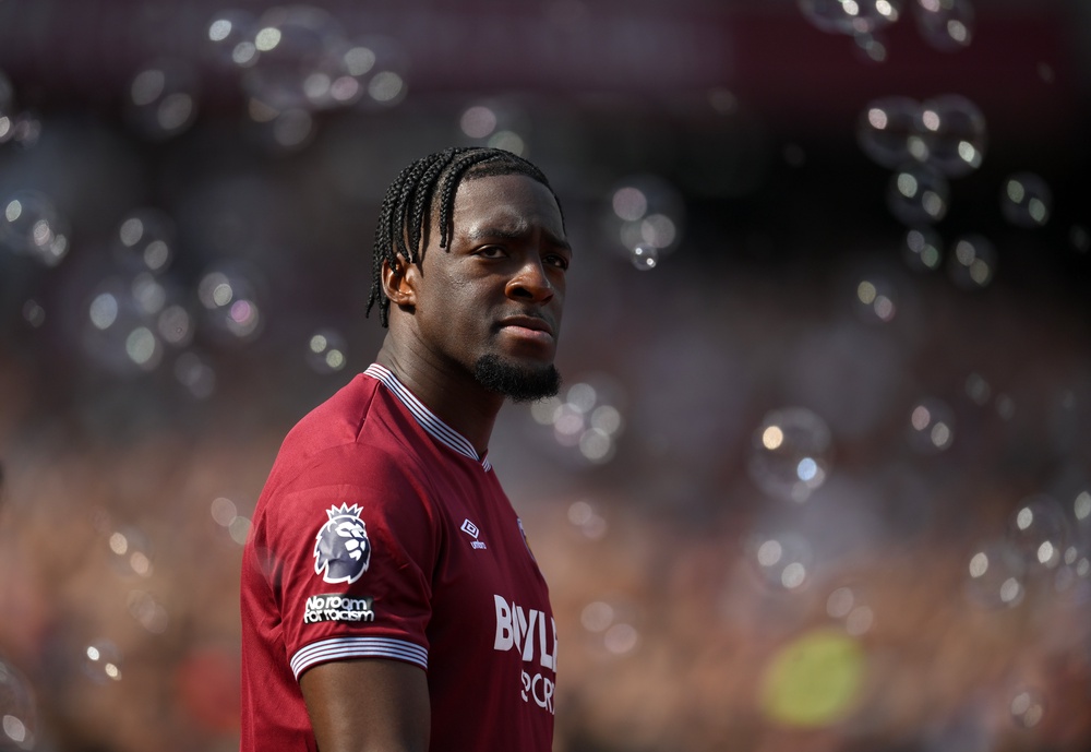 Axel Disasi looks on during his time with West Ham last season (Getty)