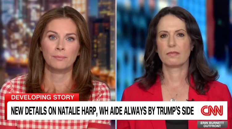 Maggie Haberman (right), who has reported extensively on Harp’s proximity to the president, was asked Wednesday by CNN’s Erin Burnett (left) what other White House staffers ‘think about her role’ (CNN)