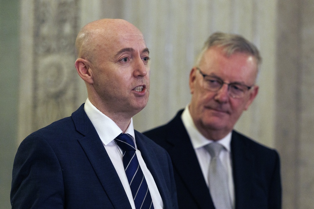 Ulster Unionist Party leader Jon Burrows, left, and Mike Nesbitt at a press conference in January (PA) (PA Archive)