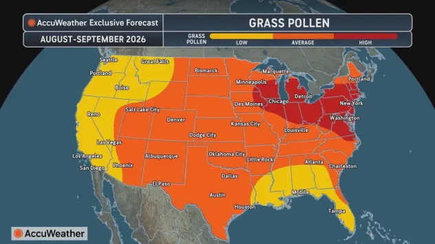 This AccuWeather graphic shows where grass pollen levels will be the highest this fall. The highest levels are seen in red, moderate levels in orange and lower levels in yellow (AccuWeather)