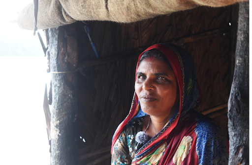 Bina Mondal, a villager supported by Practical Action, who recalls how Cyclone Aila in 2009 washed away embankments and effectively ended villagers’ ability to farm (Practical Action)