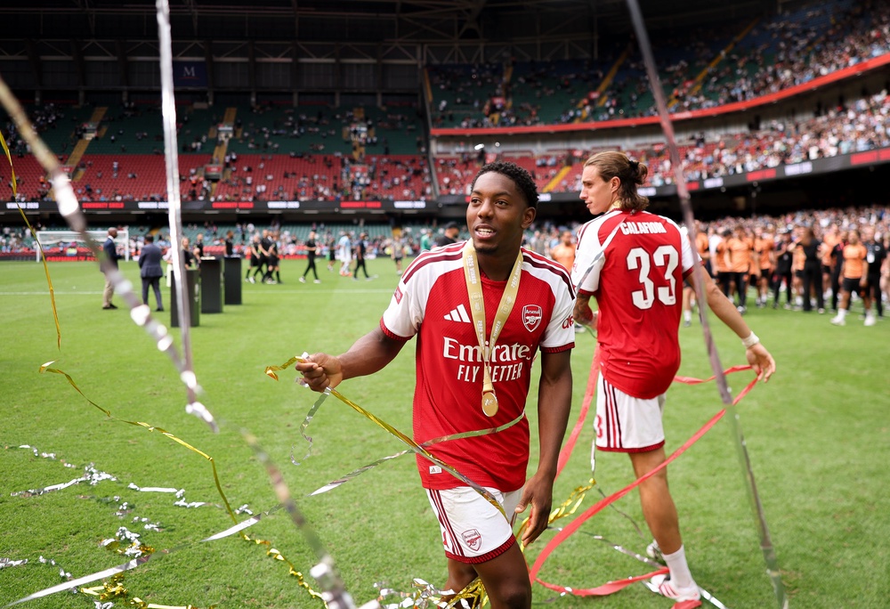 Myles Lewis-Skelly celebrates Arsenal's Community Shield victory (Getty)