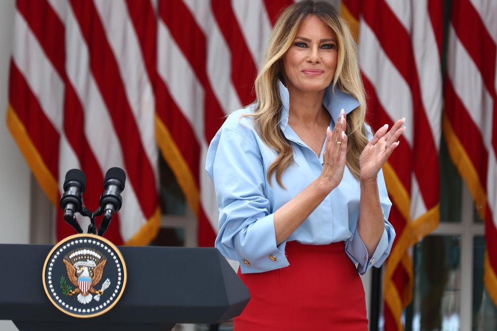 Melania recently joked about the rarity of her appearing in public, telling the press at an event in the White House Rose Garden: ‘I heard you missed me’ (Getty)