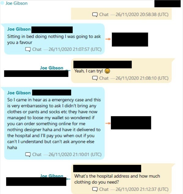 Text message to victim asking for clothing to be sent to the hospital he said he was at (Avon and Somerset Police)