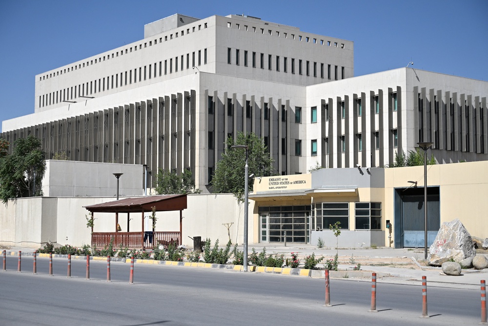 The former US Embassy building is pictured during a parade by Taliban security personnel celebrating the fifth anniversary of their return to power in Kabul (AFP/Getty)