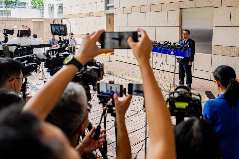 Steve Li Kwai-wah, chief superintendent of Hong Kong Police's National Security Department, speaks during a news conference after the verdict in the national security trial of two pro-democracy Tiananmen activists (AFP/Getty)
