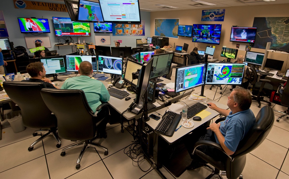 Forecasters at the National Weather Service office monitor Hurricane Irma, Sept. 9, 2017, at the hurricane center in Miami (Copyright 2017 The Associated Press. All rights reserved.)