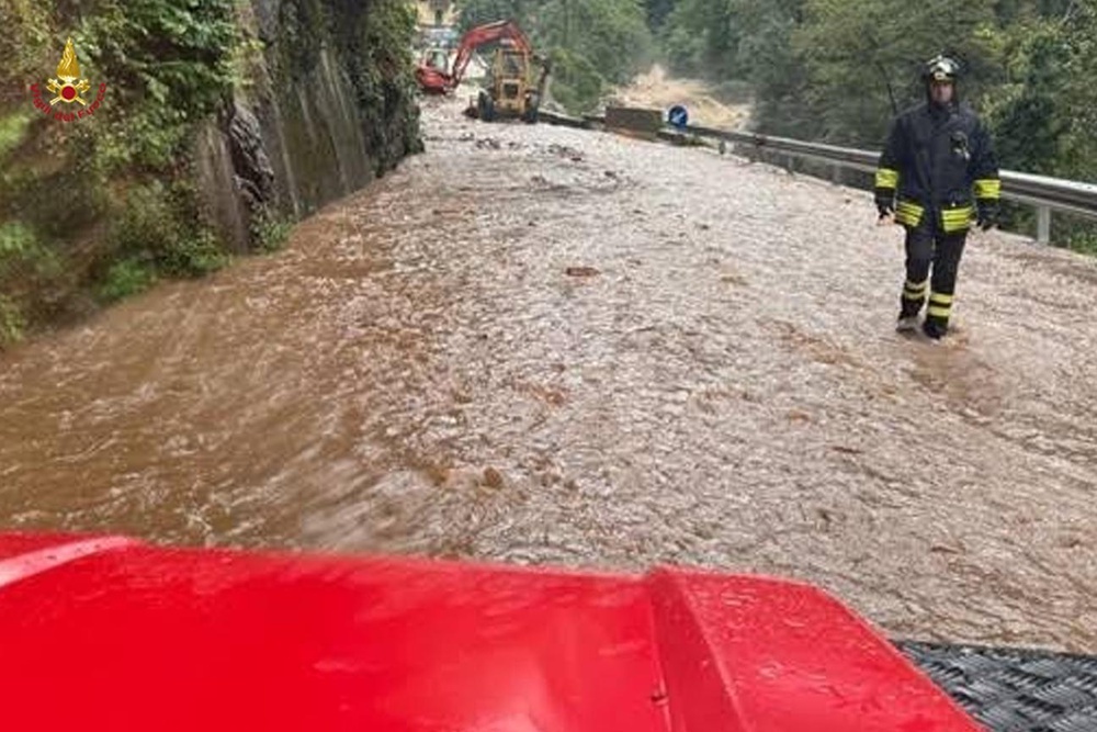 A flooded road in northern Italy. An urgent yellow flood warning was issued on Thursday for the wider Liguria region (Vigili del Fuoco)
